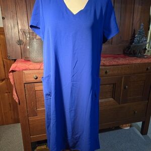Vibrant Blue V-Neck Dress with Pockets